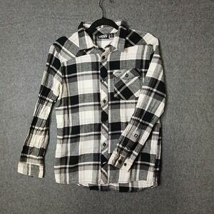 VANS Youth Plaid Flannel Button-Up Shirt XL Black White Long Sleeve 100% cotton
